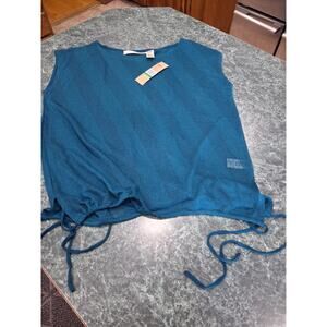 NWT DKNY teal open knit cover up layering top LG sleeveless Side ties Beach Pool